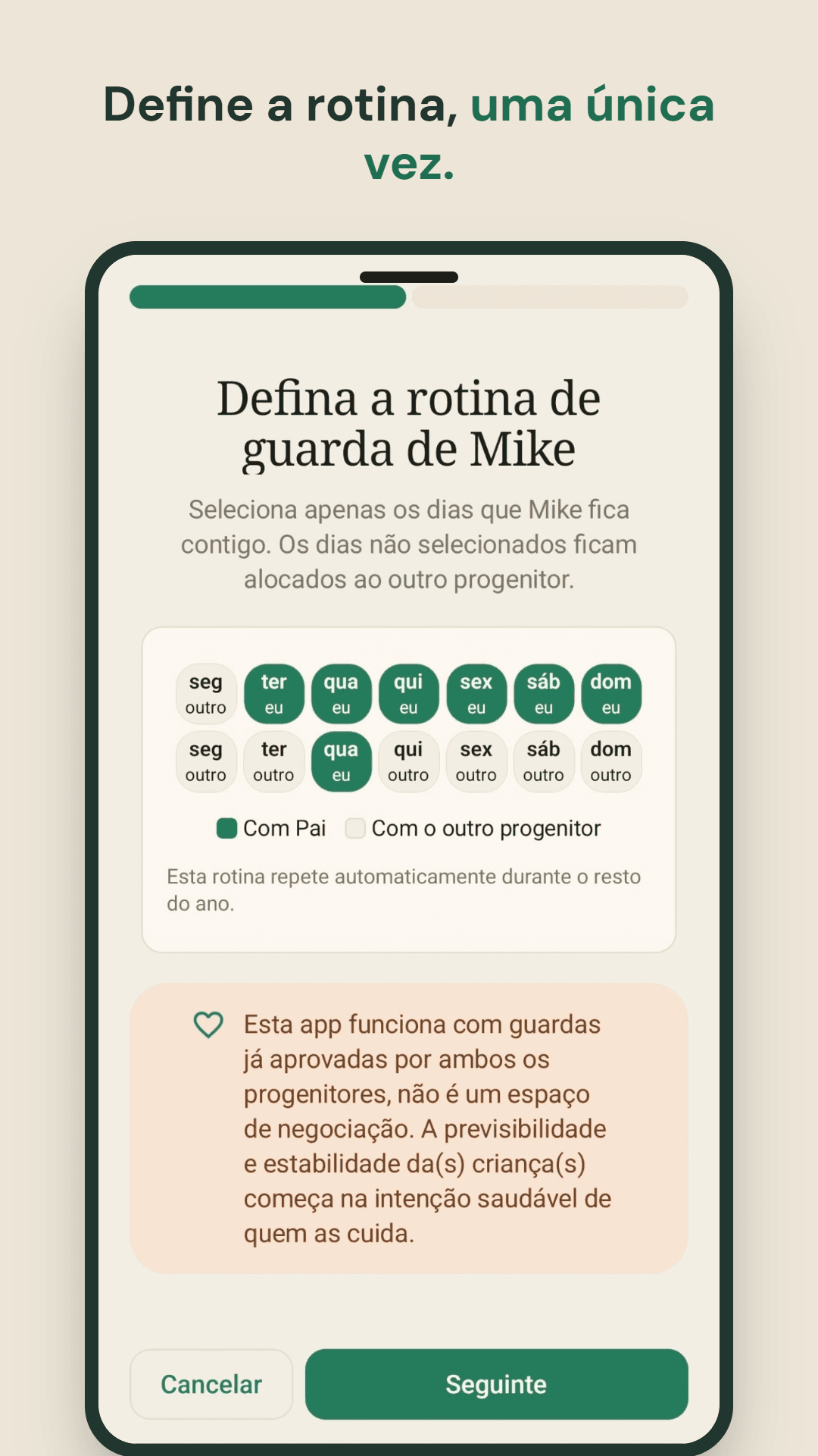 Ecrã da aplicação Jebby a mostrar um calendário de guarda partilhada com dias assinalados por cor para cada progenitor
