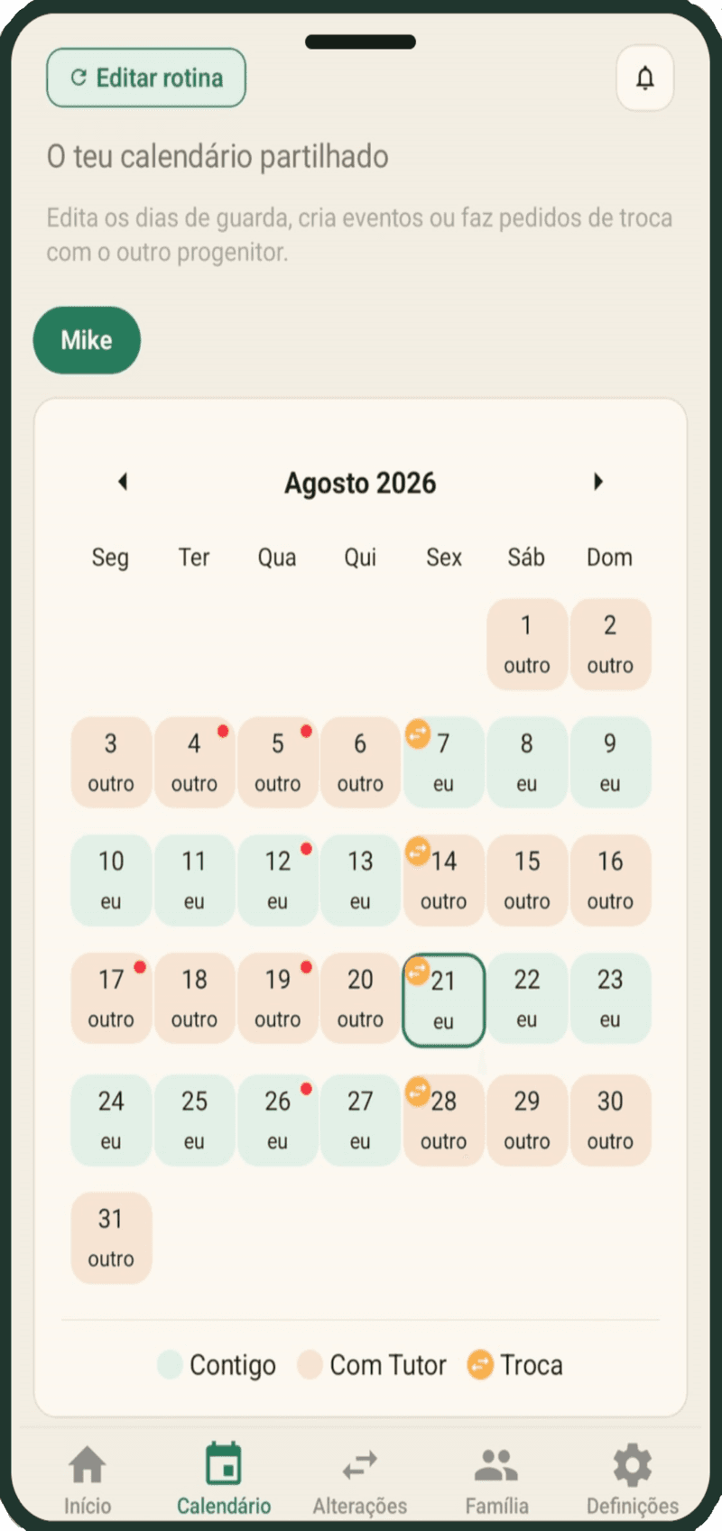 Aplicação Jebby a mostrar um calendário de guarda partilhada entre dois progenitores