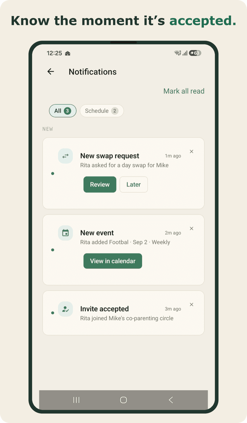Jebby push notification on iPhone alerting a parent to a pending day swap request