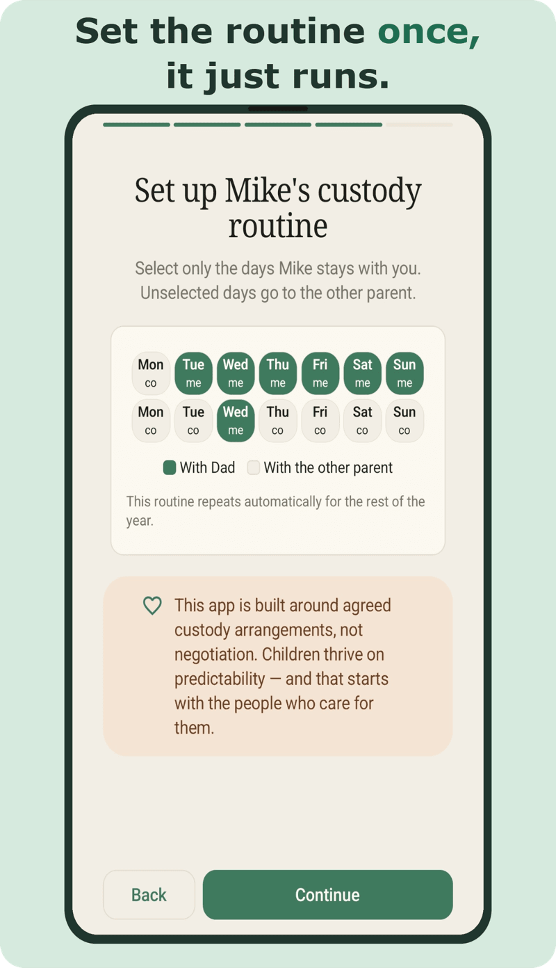 Jebby app screen showing a shared custody calendar with colour-coded days for each co-parent