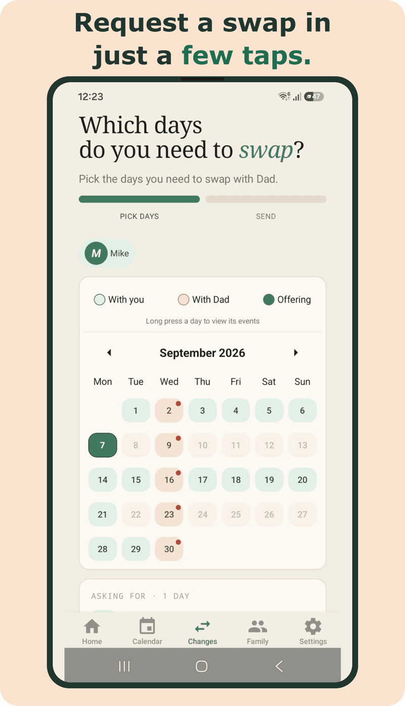 Jebby app screen showing a day swap request sent between two co-parents awaiting approval